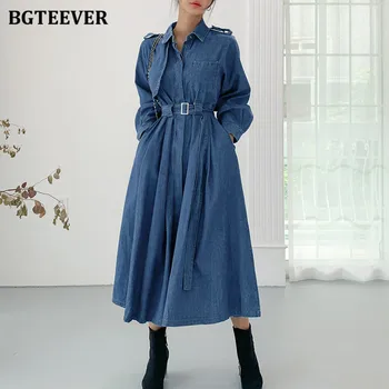 BGTEEVER 2020 Vintage Chic Kadınlar A-line Uzun Denim Elbise Sonbahar Kış Tek göğüslü Kuşaklı Kadın Kot Elbise Gevşek Vestidos 1