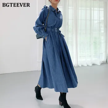 BGTEEVER 2020 Vintage Chic Kadınlar A-line Uzun Denim Elbise Sonbahar Kış Tek göğüslü Kuşaklı Kadın Kot Elbise Gevşek Vestidos 2