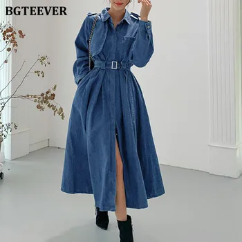 BGTEEVER 2020 Vintage Chic Kadınlar A-line Uzun Denim Elbise Sonbahar Kış Tek göğüslü Kuşaklı Kadın Kot Elbise Gevşek Vestidos 3