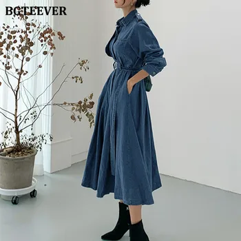 BGTEEVER 2020 Vintage Chic Kadınlar A-line Uzun Denim Elbise Sonbahar Kış Tek göğüslü Kuşaklı Kadın Kot Elbise Gevşek Vestidos 4