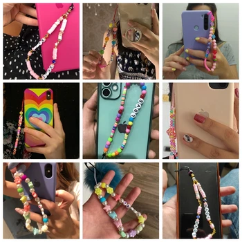 Yeni Renkli Cep telefon zinciri El Yapımı Kayış Kordon Boncuk Gülümseme AŞK Mektubu Charm anti-kayıp cep telefonu kılıfı Halat Kadınlar İçin