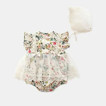 Bebek Giysileri Setleri Yenidoğan Bebek Sunsuit Kız Bodysuit + Dantel Şapka 2 adet / takım Çiçek Baskı Tulum Kıyafetler 0-18M
