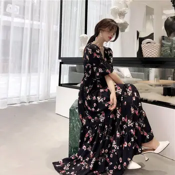 İlkbahar Yaz Kore Tarzı Retro Uzun Kadın Parti Baskı Şık Çiçek Vintage Elbise Ayak Bileği Uzunlukta Yüksek rahat elbise İnce Elbiseler