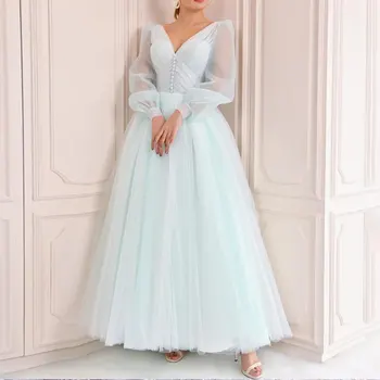 Yeni Varış balo kıyafetleri 2023 V Boyun Parti Kıyafeti Uzun Kabarık Kollu Ayak Bileği Uzunluğu Kadın Parti Kıyafeti Tül Prenses Robe De Soiree