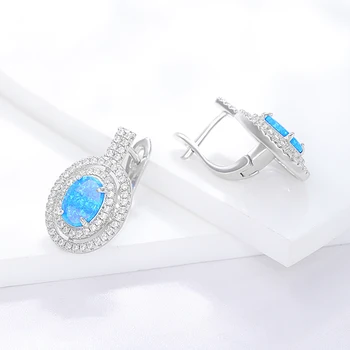 MYOP 925 Ayar Gümüş Sözleşmeli Tasarım Yuvarlak Mavi Sentetik Opal Küpe Zirkon Takı Kadın Tatil Hediyeler