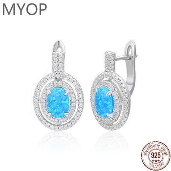 MYOP 925 Ayar Gümüş Sözleşmeli Tasarım Yuvarlak Mavi Sentetik Opal Küpe Zirkon Takı Kadın Tatil Hediyeler 5