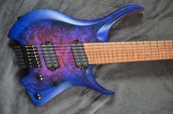 2021 Fanlı frets 7 Dizeleri Başsız Elektro Gitar Mavi ve Mor renk Göz Kavak 5 katlı Kavrulmuş Akçaağaç Boyun Ergonomik