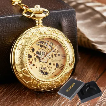 Lüks Altın Basit Lazer Kazınmış Mekanik zincirli cep saati Şeffaf Kapak El sarma Kolye Saat Erkekler İzle