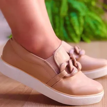 Artı Boyutu Zincir beyaz ayakkabı Kadın Düz PU deri makosenler 2022 Yeni Bayanlar Tasarımcı Kore Spor Ayakkabı Rahat spor ayakkabı Tenis 0