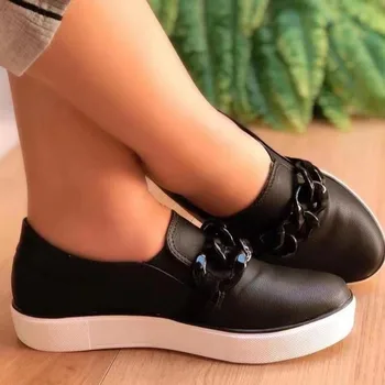 Artı Boyutu Zincir beyaz ayakkabı Kadın Düz PU deri makosenler 2022 Yeni Bayanlar Tasarımcı Kore Spor Ayakkabı Rahat spor ayakkabı Tenis 3