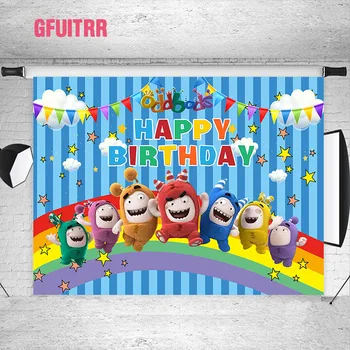 GFUITRR Oddbods Doğum Günü Fotoğraf Backdrop Bebek Duş fotoğraf arka fonu Balonlar Bayrakları Gökkuşağı Özel Perde Geri Damla Sahne 1