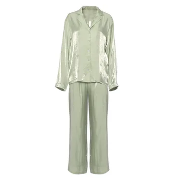 Rahat Saten Katı Gevşek Kadın Setleri Sonbahar Yatak Açma Yaka Tek Göğüslü Uzun Kollu Bluz + Elastik Bel Fermuar Uzun pantolon