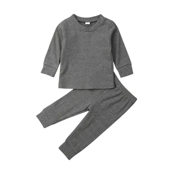Yürüyor Çocuk Bebek Kız Erkek Örme Pamuk Setleri Sonbahar Giysileri Uzun Kollu T Shirt + Pantolon Katı Kıyafetler Bebek Eşofman 0-24M 1