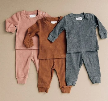 Yürüyor Çocuk Bebek Kız Erkek Örme Pamuk Setleri Sonbahar Giysileri Uzun Kollu T Shirt + Pantolon Katı Kıyafetler Bebek Eşofman 0-24M 2