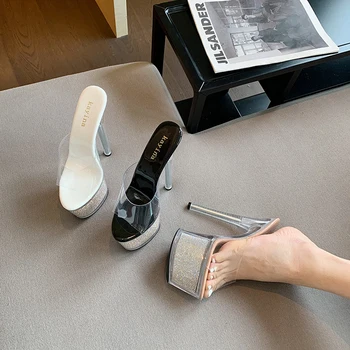 Kristal Jöle Ayakkabı Şeffaf PVC Kadın Pompaları Terlik Sandalet Platformu 17 CM Süper Yüksek Topuklu Taklidi Peep Toe Temizle Slaytlar