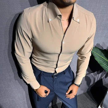 Trend Marka Moda Kore Düz Renk Gömlek Erkekler 2021 İngiliz Windsor Yaka Uzun Kollu Gömlek Erkekler İş Slim Fit Gömlek Elbise