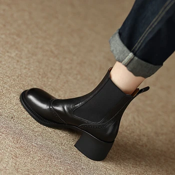 YENİ Sonbahar Ayakkabı Kadın Hakiki Deri Çizmeler Rahat Yuvarlak Ayak Tıknaz Çizmeler Kadınlar için Rahat Kış Elastik Bant Siyah Çizmeler Kadın