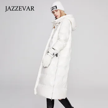 JAZZEVAR 2022 Kış Yeni Ürün Trendi Bayanlar Kapşonlu Beyaz Ördek Aşağı Uzun Büyük Boy Sıcak Ve Soğuk Ceket