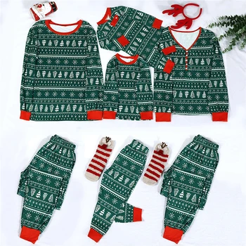 2022 Yeşil Çiftler Noel Pijama Aile Eşleştirme Kıyafetler Anne Çocuk Giysileri Noel Pijama Aile Giyim Seti 2