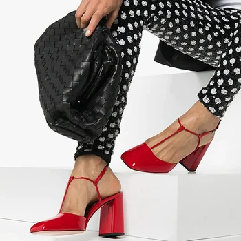 MUMANI kadın 2021 Yeni Modern Sandalet Kare Topuk Hakiki Deri Kırmızı Toka Kayış Pompaları Sığ Süper Yüksek Retro Bayan Ayakkabı