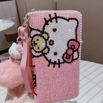Kawaii Hello Kitty Tam Elmas Cüzdan Etiket Tam Elmas Kız Kalp Uzun Fermuarlı bozuk para cüzdanı Cüzdan Cep Telefonu çantası Kız Hediye