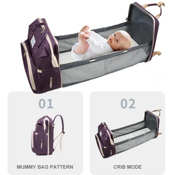 Bebek Seyahat Çantası Sırt Çantası, seyahat bezi çantası USB portu ve yalıtımlı şişe sıcak cep, katlanır karyolası, beşik sırt çantası