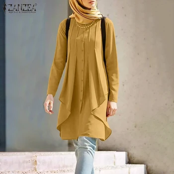 Gevşek Katı O Boyun Blusas Düzensiz hem Chemise ZANZEA Müslüman Moda Bluz Vintage Uzun Kollu Tunik Üstleri Mujer Büyük Boy Üstleri
