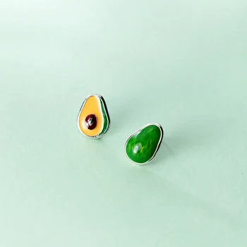 MODİAN Yaz Meyve Asimetri Kulak Çıtçıt Kadınlar için 925 Ayar Gümüş Yeşil Emaye Avokado düğme küpe Güzel Takı Kız Hediye