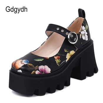 Gdgydh kadın Pompaları Platformu Kalın Topuk Tatlı Genç Kız Ayakkabı Vintage Baskılı Çiçek Kauçuk Taban Sonbahar Ayakkabı Kadın Artı Boyutu