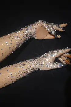 Lüks Streç Rhinestones Eldiven Kadınlar Sparkly Kristal Örgü Uzun Eldiven Dansçı Şarkıcı Gece Kulübü Dans Sahne Gösterisi Aksesuarları