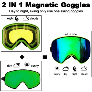 LOCLE Kayak Gözlüğü 2 İN 1 Manyetik Çift kullanımlı Gece Kayak Gözlük anti-sis UV400 Kayak Snowboard Gözlüğü Erkekler Kadınlar kayak gözlüğü