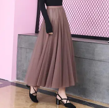 Yeni Jupe Longue Kadın İlkbahar Sonbahar Vintage Tül Etekler Yüksek Bel Örgü Etekler Uzun Pilili Tutu Etek Kadın Uzun Saias Jb35