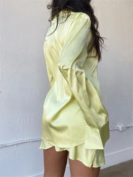 CHRONSTYLE Zarif Kadın Saten 2 Parça Set Uzun Kollu Katı Düğmeler Gömlek Tops Yüksek Bel Mini Etekler Yaz Sonbahar Kıyafetler