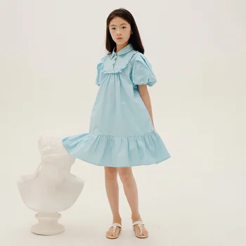 6 To16 Yıl Kız Elbise Yaz 2022 Yeni Çocuk Puf Kollu Gömlek Elbiseler Moda Çocuklar pamuklu giysiler, #6963