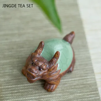 Ru Fırın Ejderha Kaplumbağa Çay Pet Dekorasyon Seramik Hayvan Heykeli Fengshui Süsler El Yapımı Çay Seti Aksesuarları Dekorasyonumuzu El Sanatları 1