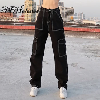 Beyaz İplik Siyah Pamuk Kot Kadın Rahat Gevşek Düz Uzun Pantolon Bayanlar Harajuku Punk Moda Pantolon Denim Joggers Kadınlar 0