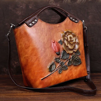 Gykaeo Lüks Çanta Kadın Çanta Tasarımcısı Hakiki Deri Çanta Bayanlar Vintage Çiçekli omuzdan askili çanta Kadın Kabartmalı postacı çantası