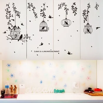 PVC Duvar Sticker Kuşlar Siyah Kafes Ağacı Yaprak Kanepe Yemek Odası Başucu TV Yatak Odası Kendinden Yapışkanlı Çıkartmaları Posteri Ev Dekorasyon
