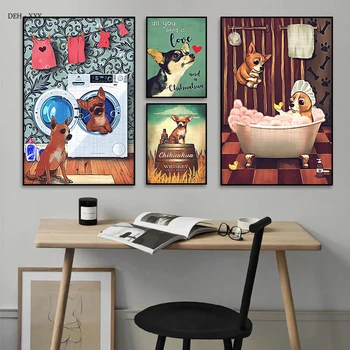 Vintage Duvar Sanatı Dekorasyon Boyama Sevimli Köpek Oturmak Tuvalet Chihuahua Tuval Posterler Retro Kahve Dükkanı Bar banyo duvar dekoru 0
