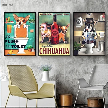 Vintage Duvar Sanatı Dekorasyon Boyama Sevimli Köpek Oturmak Tuvalet Chihuahua Tuval Posterler Retro Kahve Dükkanı Bar banyo duvar dekoru 1
