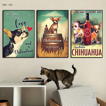 Vintage Duvar Sanatı Dekorasyon Boyama Sevimli Köpek Oturmak Tuvalet Chihuahua Tuval Posterler Retro Kahve Dükkanı Bar banyo duvar dekoru 3