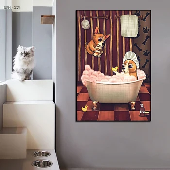 Vintage Duvar Sanatı Dekorasyon Boyama Sevimli Köpek Oturmak Tuvalet Chihuahua Tuval Posterler Retro Kahve Dükkanı Bar banyo duvar dekoru 4
