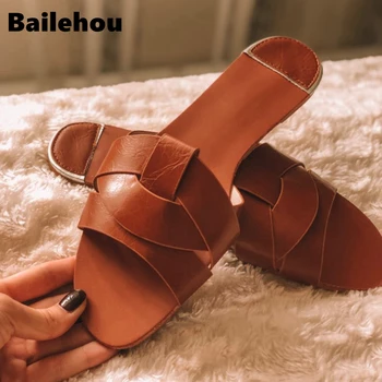 Bailehou Yeni Moda Marka Kadın Terlik Çapraz Kadın Açık Plaj Flip Flop Burnu açık Bayanlar Rahat Düz Slaytlar Ayakkabı 0