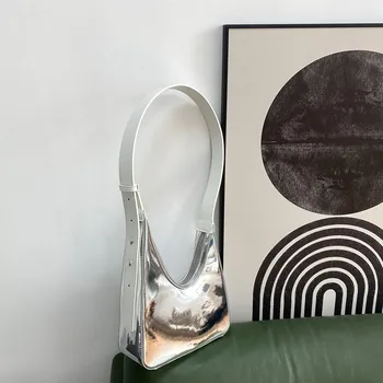 FİRMRANCH Gelgit Marka Düzensiz Denim Dikiş Hilal Çanta Omuz Koltukaltı Hit Renk Gümüş Ayna Kadın Kılıfı
