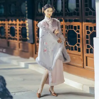 2021 Yeni Zarif Çiçek Nakış Hanfu Pelerin kadın giyim Retro Yıpranmış Orta uzunlukta Ceket Pelerin Çin Geleneksel Kostüm