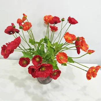 4 Kafaları Simüle gelincik çiçeği Sahte Çiçek Düğün Dekorasyon Ev Aksesuarları Kırmızı ve Sarı Süsler Düzeni Sahne