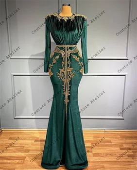 Koyu Yeşil Müslüman Abiye Uzun Kollu Mermaid Örgün Elbise Lüks Parti Törenlerinde O Boyun Dubai Arapça Akşam elbise robe de ba