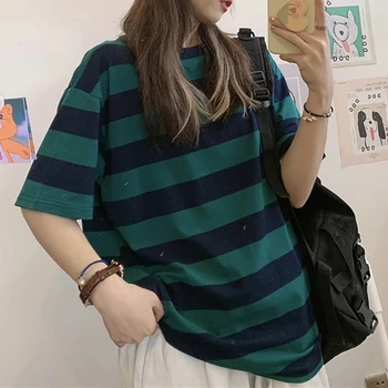 Kadın Şerit Gömlek Yaz Harajuku Büyük Boy Tiki T Shirt Rahat Koreli Kadın Bluz moda üst giyim Kadın Vintage T Shirt