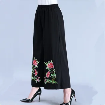 UHYTGF Zarif anne sweatpants kadın moda Pamuk ve keten ışlemeli geniş bacak pantolon gevşek bahar yaz pantolon 4XL 855