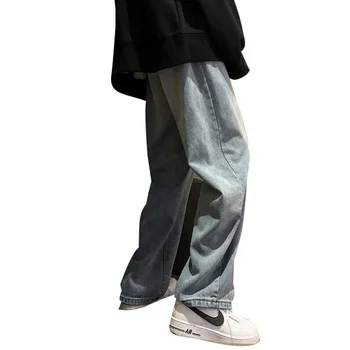 Siyah kot erkekler erkek gevşek düz tüp yaz ince moda marka ıns geniş bacak paspas baba pantolon fırfır yakışıklı düşen duygu
